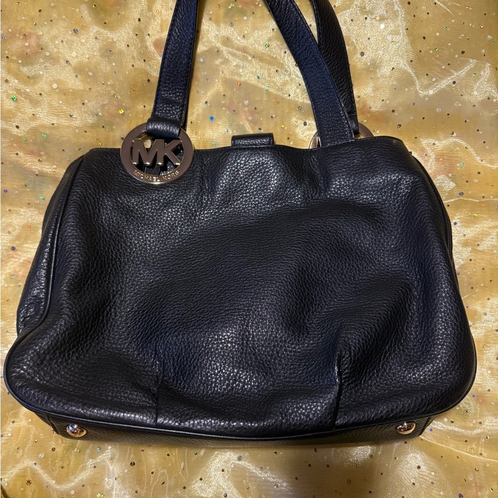 MICHAEL KORS Fulton East West HOBO BLACK Pebbled Leather Large Shoulder Bag LOGO